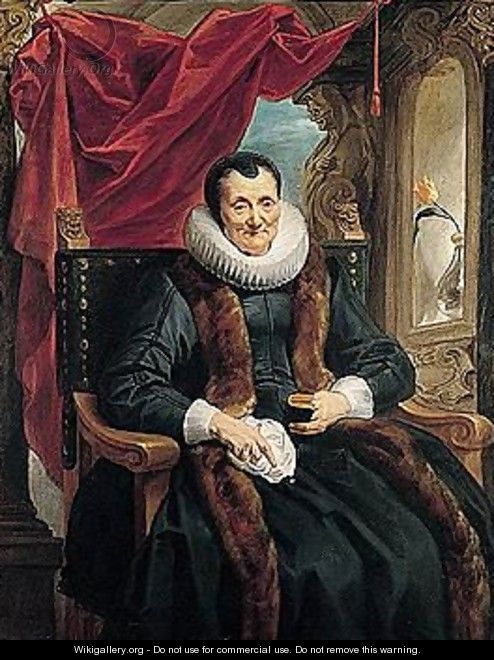 Portrait Of Magdalena De Cuyper, Seated Three-quarter Length In Black, With White Lace Cuffs And Ruff, And A Fur-trimmed Coat, Before An Opening Partly Concealed By A Draped Red Cloth - Jacob Jordaens