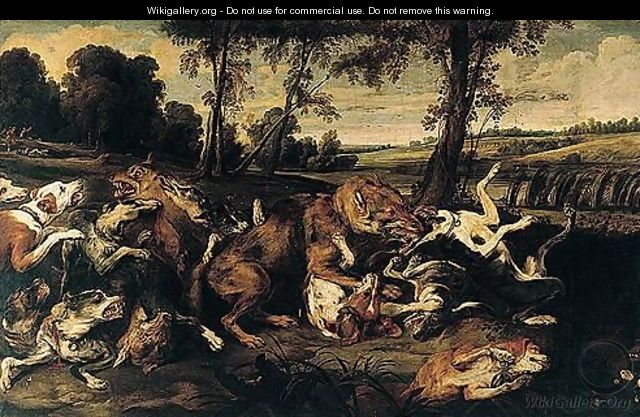 A River Landscape With Hounds Attacking Wolves, Huntsmen Emerging From A Wood Beyond - Frans Snyders