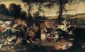 A River Landscape With Hounds Attacking Wolves, Huntsmen Emerging From A Wood Beyond - Frans Snyders