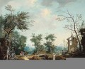 River landscape with riders crossing a bridge near a pavilion - German School