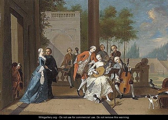 A musical party and elegant figures on a terrace - German School