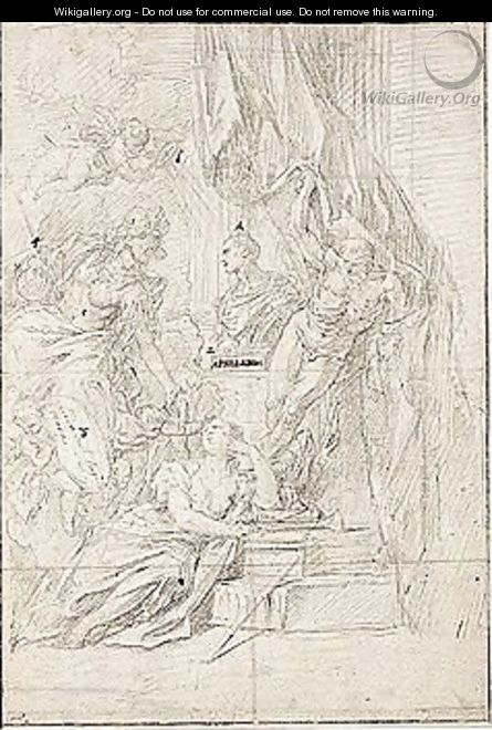 Design For A Frontispiece, With Minerva, Putti Holding A Shield, Fame And Time Around A Bust, And A Putto Above Holding A Circular Glass Marked With A Cross Which Directs Beams Of Light Onto The Bust - Sebastiano Ricci