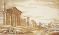 Capriccio With Peasants By Roman Ruins And Other Buildings, A Mediterranean Harbour Behind - Jacob Van Der Ulft