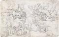 A sheet of studies of fantastical animals fighting, with two running figures to the right - Florentine School