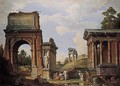 A Capriccio Of Roman Ruins And Monuments, Including The Arch Of Titus, The Farnese Flora, The Temples Of Saturn, Vespasian And Fortuna Virilis - Giovanni Paolo Panini