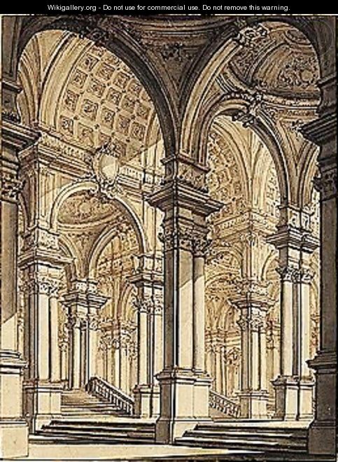 A Palace Courtyard With Arches Leading To Flights Of Steps - Pietro Gonzaga