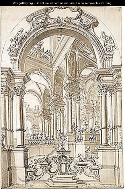 An Elaborate Portico Seen Through An Arch - (after) Giuseppe Galli Bibiena