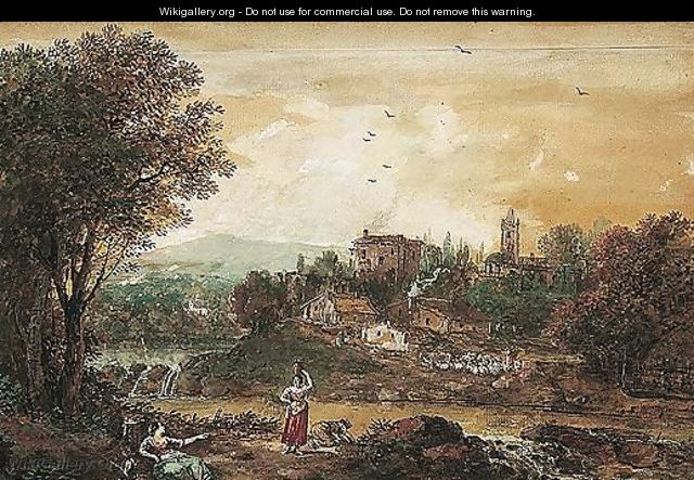 Women Washing Clothes In A River, Their Village On The Opposite Bank - Francesco Zuccarelli