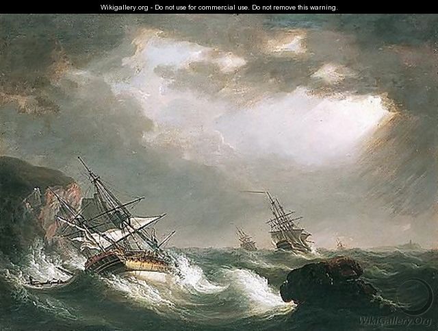British Man Of War In Rough Seas Off The Coast - Nicholas Pocock