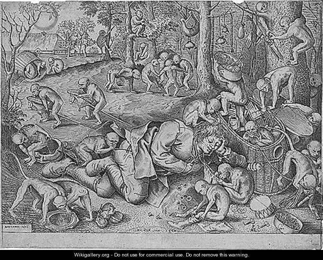 The sleeping peddler surrounded by monkeys, who are playing with his goods - (after) Pieter The Elder Breughel