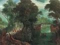 A Wooded River Landscape With Travellers Passing By A Bridge - Abraham Govaerts