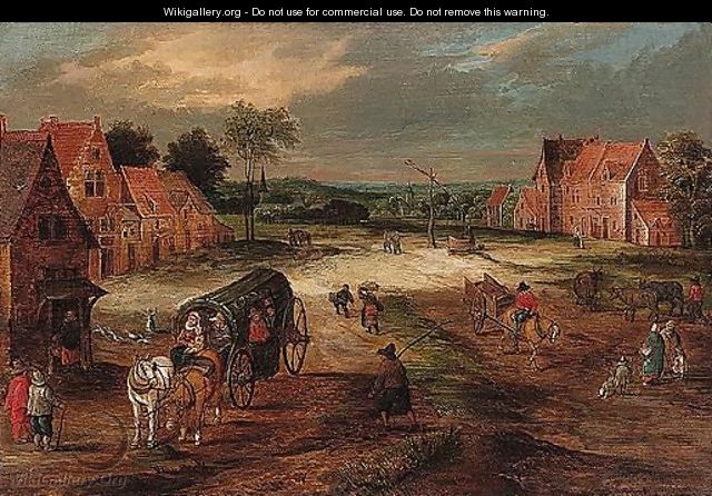 Landscape with a covered waggon and other figures in a village street - (after) Jan The Elder Brueghel