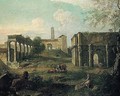 Rome, a capriccio of the forum with soldiers and drovers resting among classical ruins - (after) Giovanni Paolo Panini