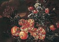Still life of pomegranates, with tulips, morning-glory and chrysanthemums in a stone pot - (after) Nicola Casissa