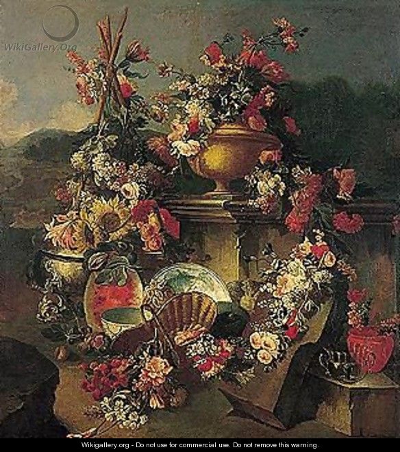 A Still Life Of Flowers In An Urn With Flower Garlands Draped On A Stone Pedestal And Surrounded By Flowers And Fruit, - Francesco Lavagna