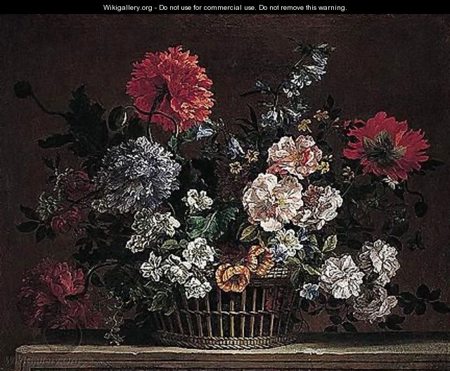 A Still Life Of Roses, Carnations, Delphiniums, Peonies And Lilies, Arranged In A Wicker Basket, Upon A Stone Ledge - Jean-Baptiste Monnoyer