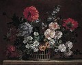 A Still Life Of Roses, Carnations, Delphiniums, Peonies And Lilies, Arranged In A Wicker Basket, Upon A Stone Ledge - Jean-Baptiste Monnoyer