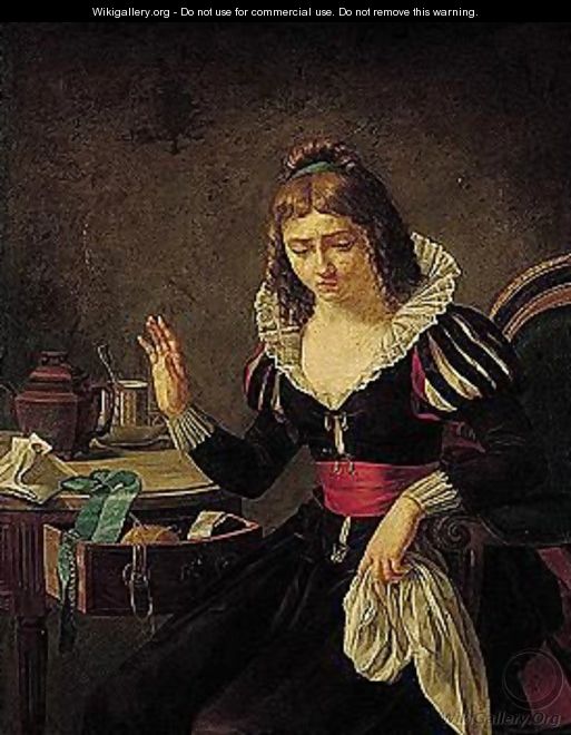 A young woman at her sewing table - French School