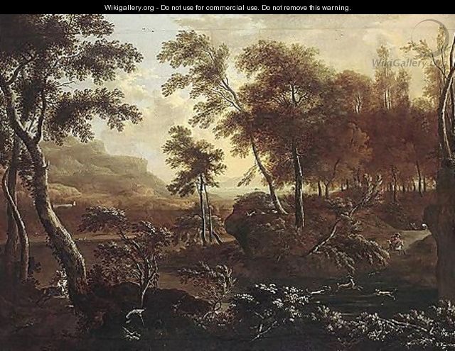 A Wooded Landscape With A Hunting Party At The Edge Of A River - Frederick De Moucheron