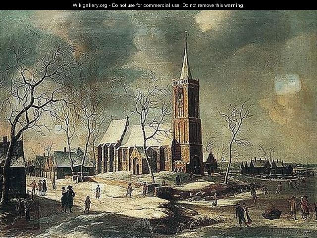 A Winter Landscape With Villagers Skating On A Frozen River Before A Church - Anthonie Beerstraaten