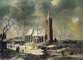 A Winter Landscape With Villagers Skating On A Frozen River Before A Church - Anthonie Beerstraaten