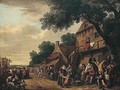 A crowded village scene with figures drinking before an inn, a play being staged on the left - (after) Gillis De Winter