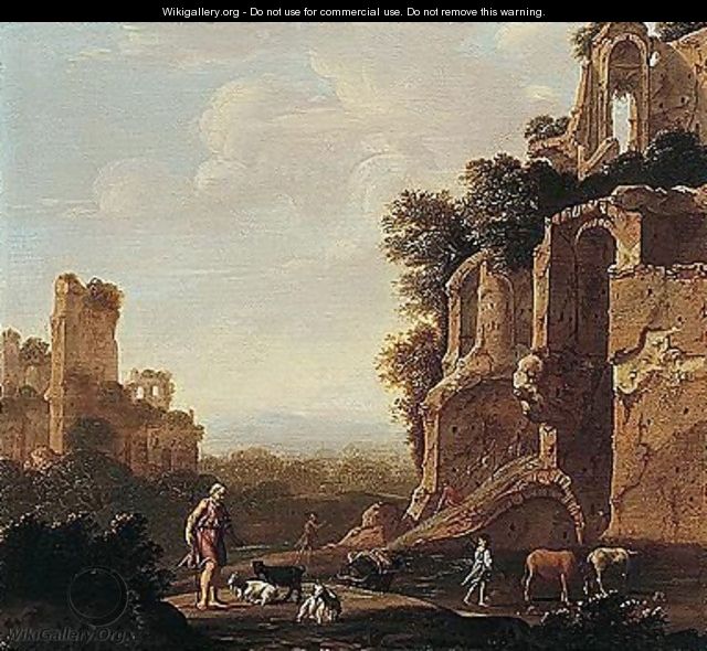 An Italianate Landscape With Herders And Animals Among Roman Ruins - Romeyn de Hooghe