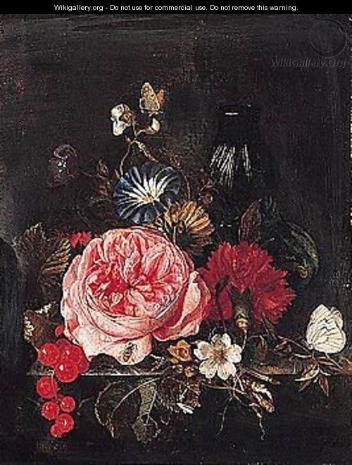 A Still Life Of Roses, A Carnation, Morning-glory, Butterflies, Redcurrants And A Glass Vase, All Arranged Upon A Marble Ledge - Maria Van Oosterwijck