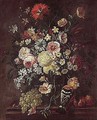 A Still Life Of Roses, Carnations, Daisies, Morning Glory, Camelias And Lilacs In A Glass Vase - Philip Van Kouwenbergh