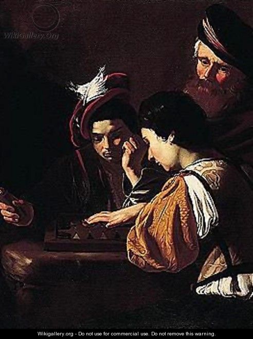 Young Boys Playing Backgammon, An Old Man Watching In The Background - (after) Nicolas Tournier