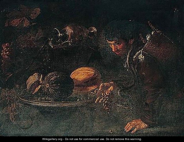 A still life with a peasant carrying a basket of garlic, together with a snake - Roman School