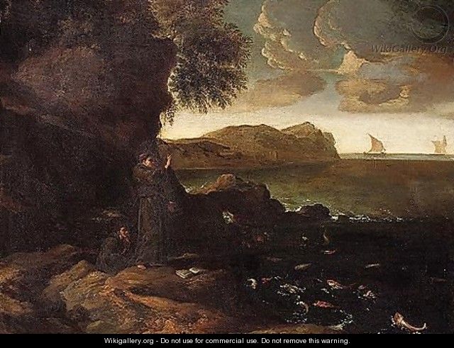 Landscap with Saint Francis preaching to the fishes - Roman School