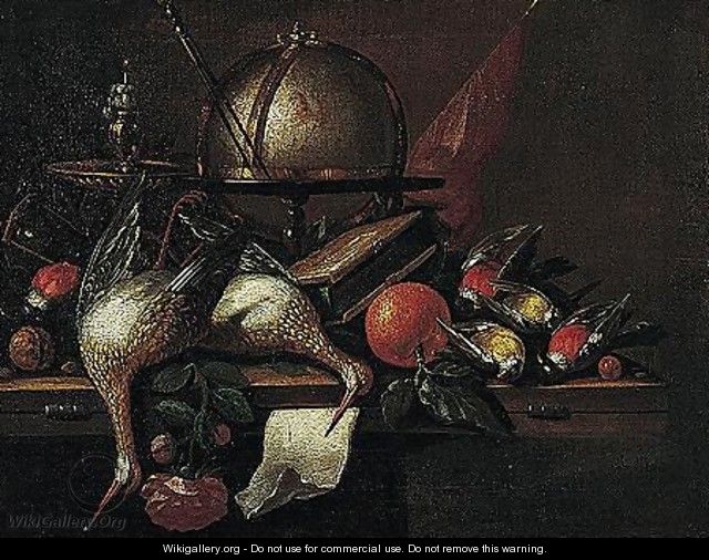 Still Life Of A Globe, A Candlestick, Birds, Hour Glass, Nuts, An Orange And A Rose, Arranged Upon A Wooden Table Top - Petrus Schotanus