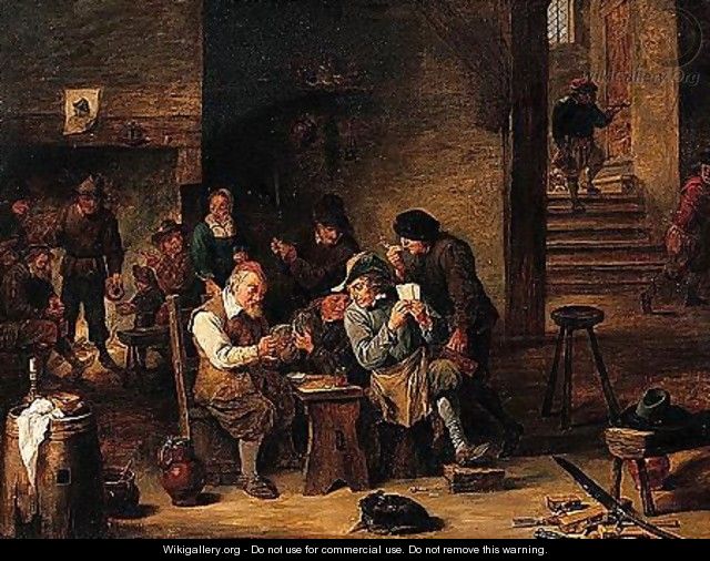 A tavern interior with peasants playing cards - (after) David The Elder Teniers