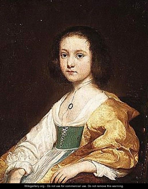 Portrait of a young girl wearing a white dress with a yellow shawl - Dutch School