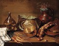 Still Life Of Cabbages, Carrots, Onions, Cooking Utensils And A Wine Bottle, Upon A Table Top - (after) Adriaen Van Der Kabel
