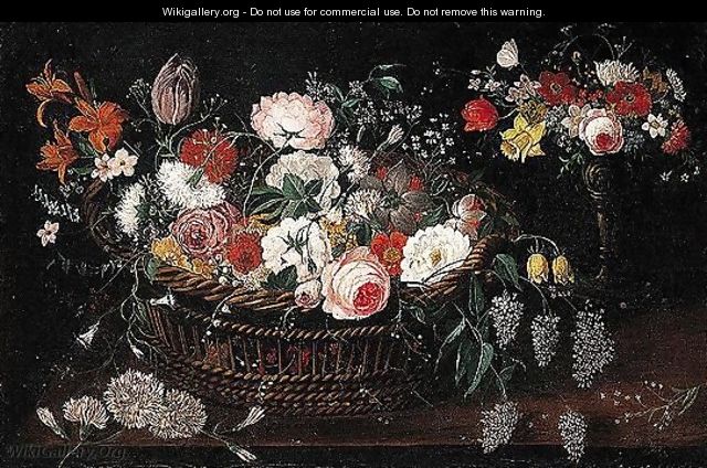 Still life of mixed flowers in a basket with a bouquet of flowers in a gilt tazza upon a table top - (after) Jan The Elder Brueghel