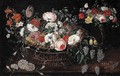 Still life of mixed flowers in a basket with a bouquet of flowers in a gilt tazza upon a table top - (after) Jan The Elder Brueghel