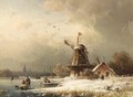 A Winter Landscape With Figures On A Frozen River - August Schliecker