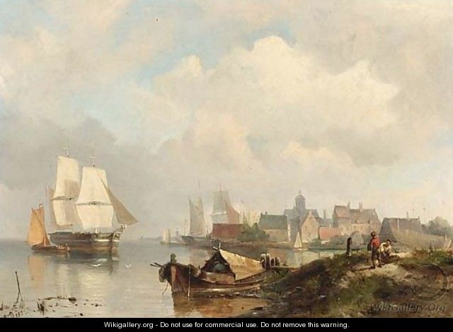 A Summer Landscape With Shipping Near A Town - Pieter Cornelis Dommershuijzen