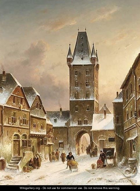 A Townscene In Winter - Charles Henri Leickert