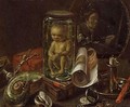 A vanitas still life with a self portrait of the artist reflected in a mirror - French School