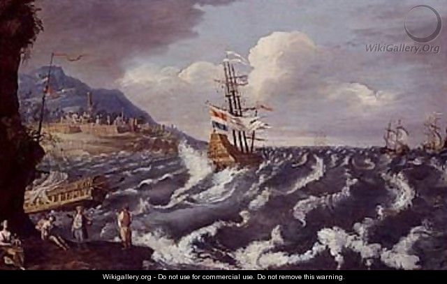 A ship tossed in heavy sea off a rocky coast with walled city - (after) Mattthieu Van Plattenberg