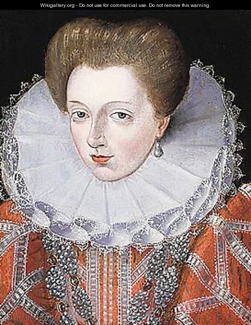 Portrait of a lady, head and shoulders, wearing a red, lace-trimmed dres - French School