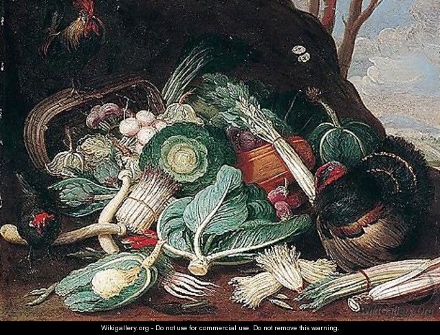 Still life of vegetables, together with a turkey, a cockerel and a hen 2 - (after) Jan Van Kessel I