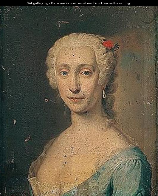 Portrait of a lady, head and shoulders, wearing a blue lace-trimmed dress and a red flower in her hair - (after) Jacopo (Giacomo) Amigoni