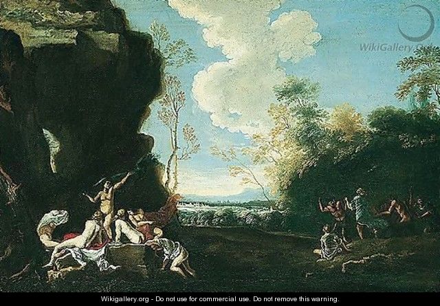 A river landscape with nymphs bathing and satyrs dancing - Neapolitan School