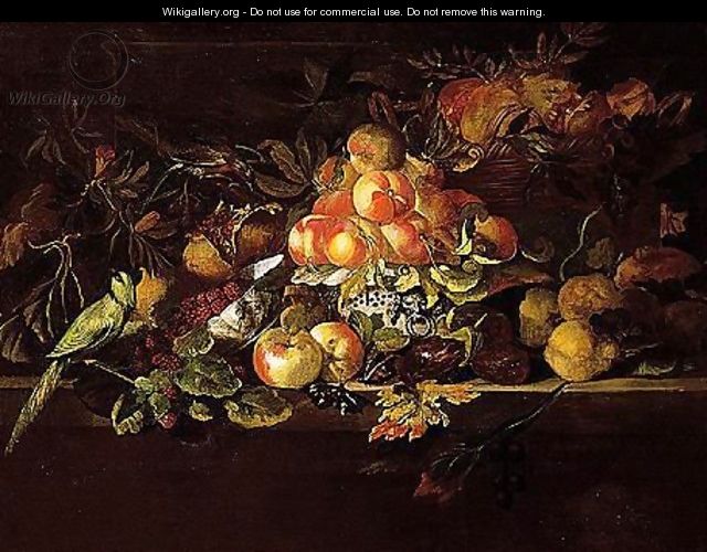 Still life of peaches in a bowl, apples, lemons, pomegranates and grapes in a wicker basket - Roman School