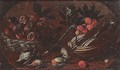 Still life of a basket of fruit, a cardoon, robbins and a thrush upon a ledge - (after) Tommaso Salini (Mao)
