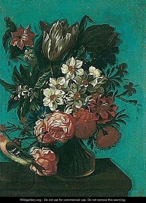 Still life of flowers in a glass vase, together with a bird - Roman School